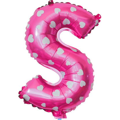 Balon Folie Metalizata Litera S, 40 cm, Cu Imprimeu Inimioare, Umflati cu Heliu sau Aer, Ambalaj Individual, Pai inclus, Roz