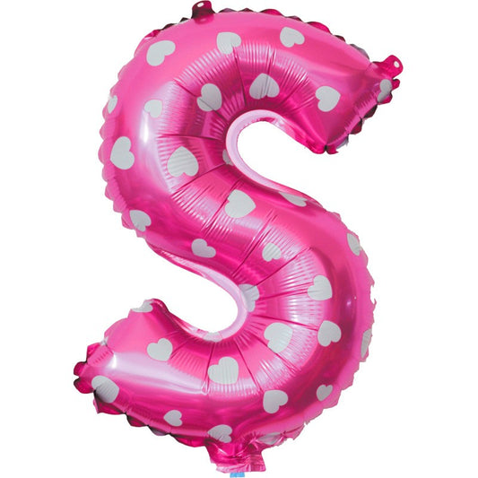 Balon Folie Metalizata Litera S, 40 cm, Cu Imprimeu Inimioare, Umflati cu Heliu sau Aer, Ambalaj Individual, Pai inclus, Roz