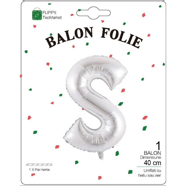 Balon Folie Metalizata Litera S, 40 cm, Umflati cu Heliu sau Aer, Ambalaj Individual, Pai inclus, Argintiu