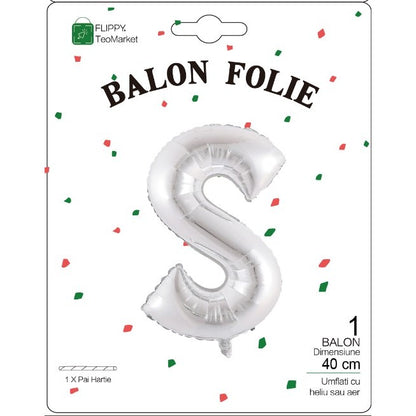 Balon Folie Metalizata Litera S, 40 cm, Umflati cu Heliu sau Aer, Ambalaj Individual, Pai inclus, Argintiu