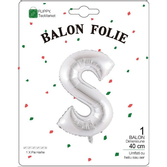 Balon Folie Metalizata Litera S, 40 cm, Umflati cu Heliu sau Aer, Ambalaj Individual, Pai inclus, Argintiu