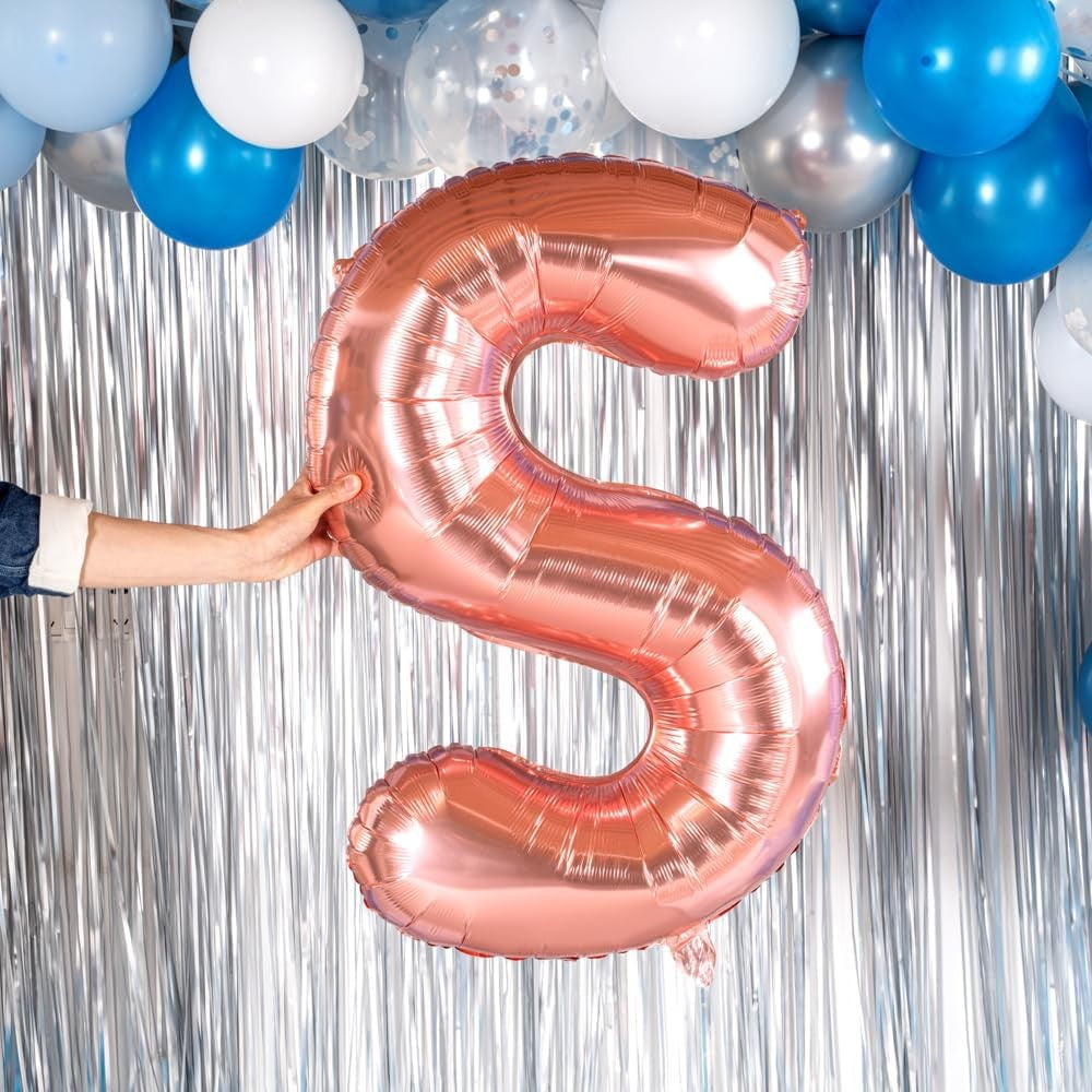 Balon Folie Metalizata Litera S, 80 cm, Umflati cu Heliu sau Aer, Ambalaj Individual, Pai inclus, Rose Gold