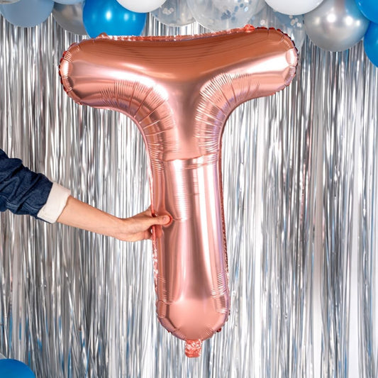 Balon Folie Metalizata Litera T, 100 cm, Umflati cu Heliu sau Aer, Ambalaj Individual, Pai inclus, Rose Gold