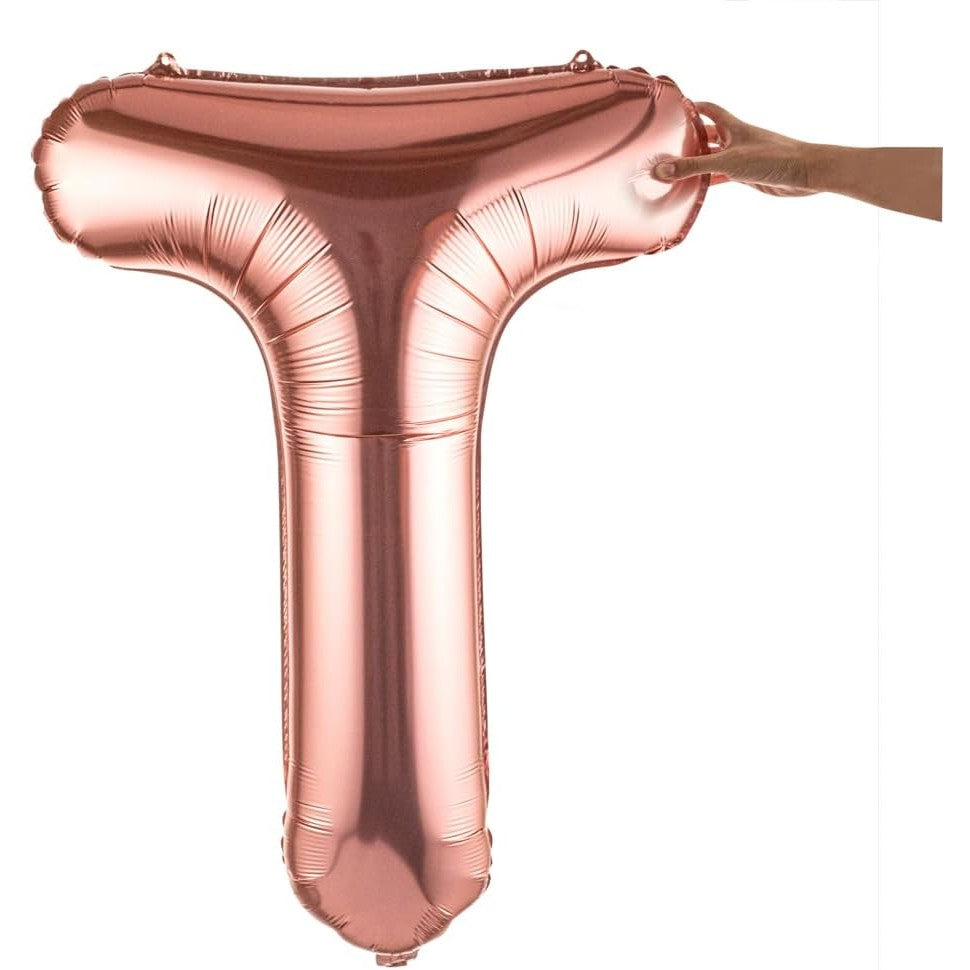Balon Folie Metalizata Litera T, 100 cm, Umflati cu Heliu sau Aer, Ambalaj Individual, Pai inclus, Rose Gold