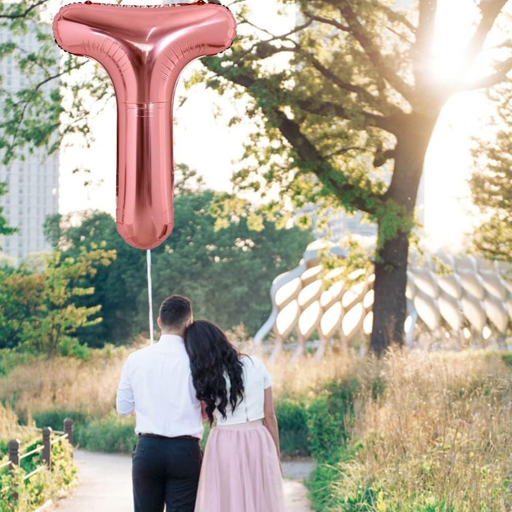 Balon Folie Metalizata Litera T, 100 cm, Umflati cu Heliu sau Aer, Ambalaj Individual, Pai inclus, Rose Gold
