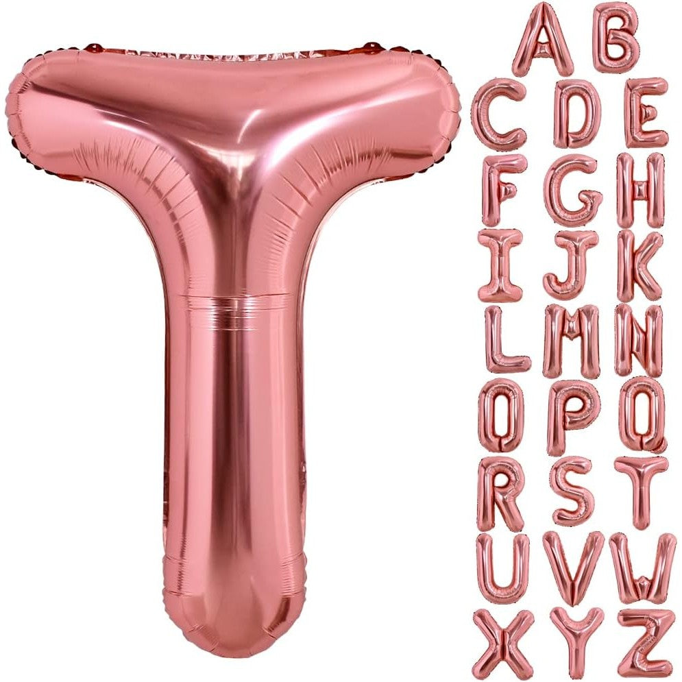 Balon Folie Metalizata Litera T, 100 cm, Umflati cu Heliu sau Aer, Ambalaj Individual, Pai inclus, Rose Gold