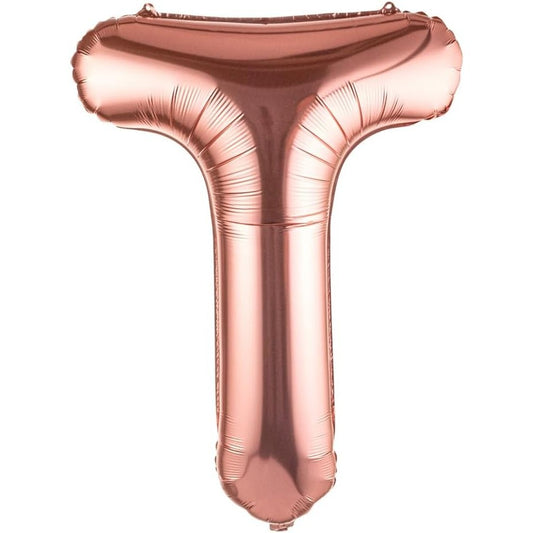 Balon Folie Metalizata Litera T, 100 cm, Umflati cu Heliu sau Aer, Ambalaj Individual, Pai inclus, Rose Gold