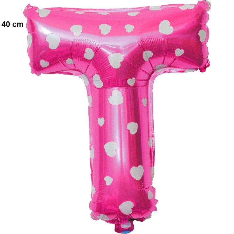 Balon Folie Metalizata Litera T, 40 cm, Cu Imprimeu Inimioare, Umflati cu Heliu sau Aer, Ambalaj Individual, Pai inclus, Roz