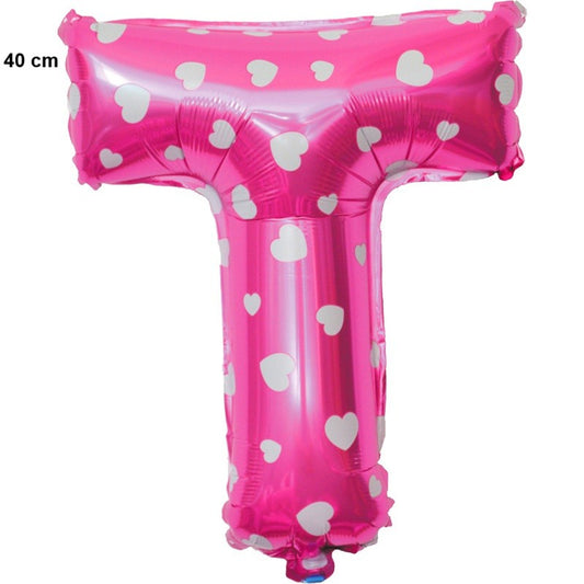 Balon Folie Metalizata Litera T, 40 cm, Cu Imprimeu Inimioare, Umflati cu Heliu sau Aer, Ambalaj Individual, Pai inclus, Roz