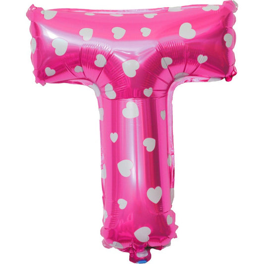 Balon Folie Metalizata Litera T, 40 cm, Cu Imprimeu Inimioare, Umflati cu Heliu sau Aer, Ambalaj Individual, Pai inclus, Roz