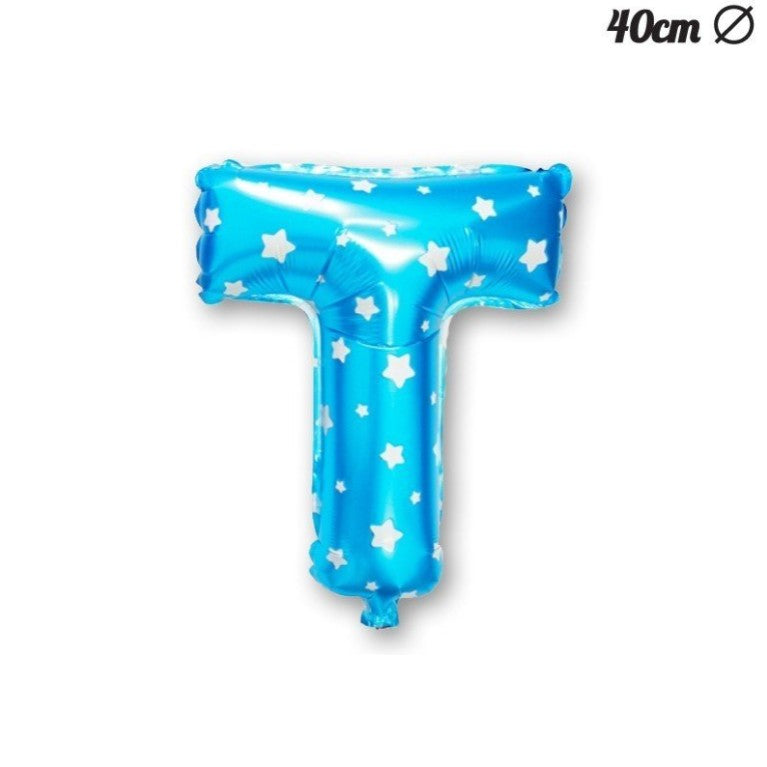 Balon Folie Metalizata Litera T, 40 cm, Cu Imprimeu Stelute, Umflati cu Heliu sau Aer, Ambalaj Individual, Pai inclus, Albastru