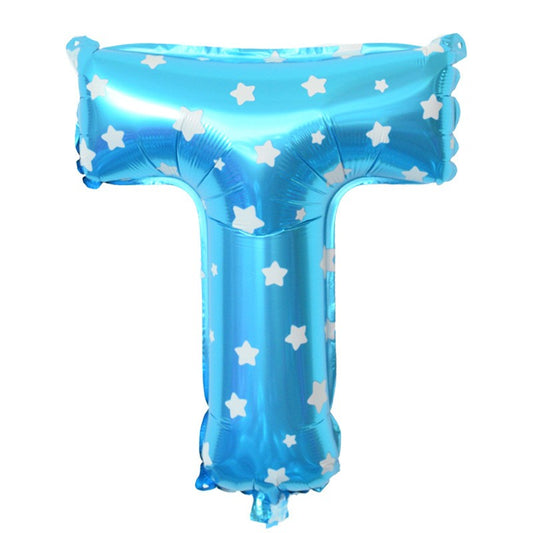 Balon Folie Metalizata Litera T, 40 cm, Cu Imprimeu Stelute, Umflati cu Heliu sau Aer, Ambalaj Individual, Pai inclus, Albastru