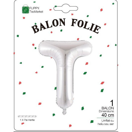 Balon Folie Metalizata Litera T, 40 cm, Umflati cu Heliu sau Aer, Ambalaj Individual, Pai inclus, Argintiu