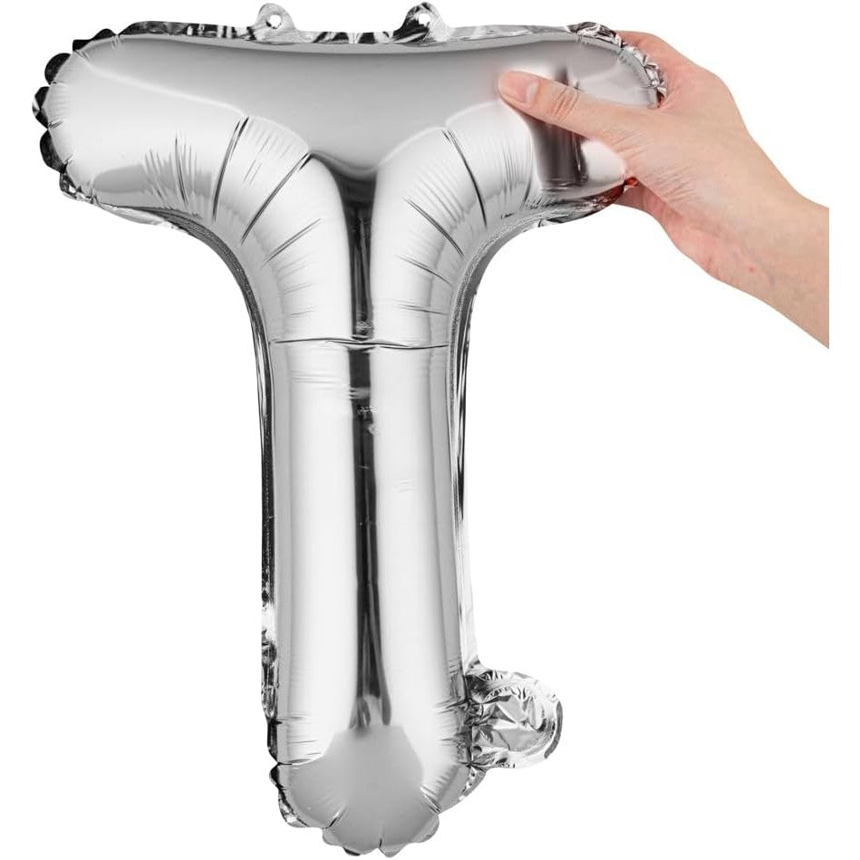 Balon Folie Metalizata Litera T, 40 cm, Umflati cu Heliu sau Aer, Ambalaj Individual, Pai inclus, Argintiu
