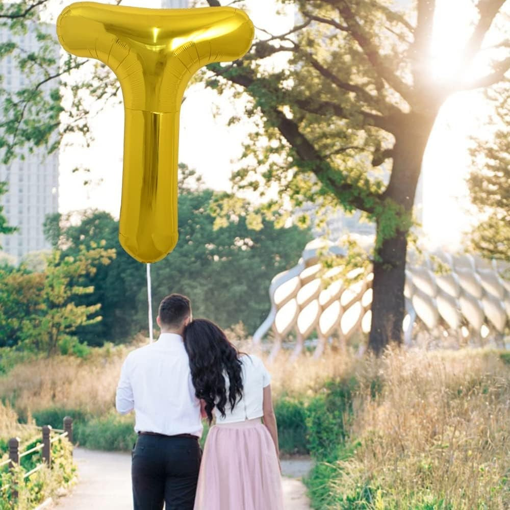 Balon Folie Metalizata Litera T, 80 cm, Umflati cu Heliu sau Aer, Ambalaj Individual, Pai inclus, Auriu