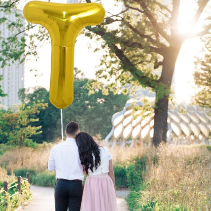 Balon Folie Metalizata Litera T, 80 cm, Umflati cu Heliu sau Aer, Ambalaj Individual, Pai inclus, Auriu
