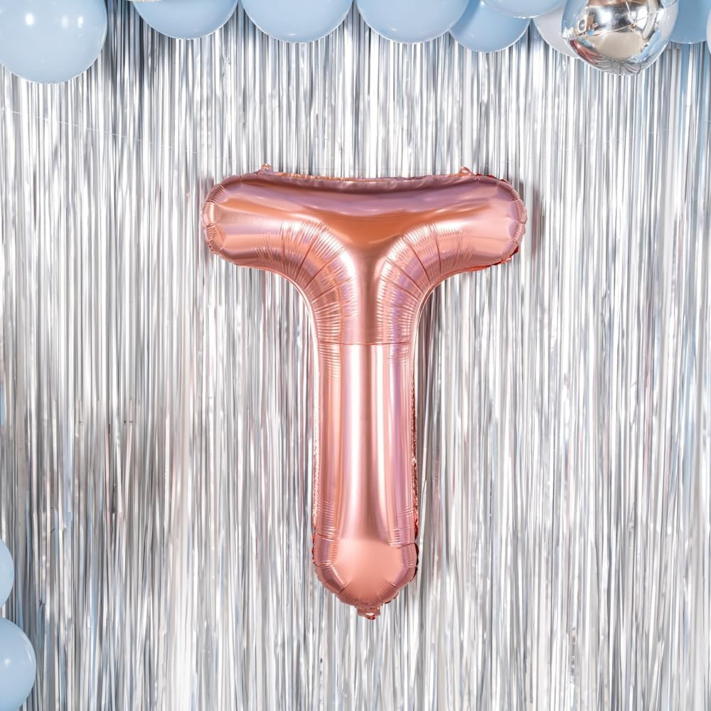 Balon Folie Metalizata Litera T, 80 cm, Umflati cu Heliu sau Aer, Ambalaj Individual, Pai inclus, Rose Gold
