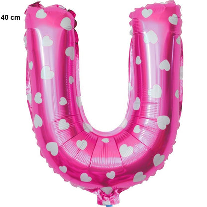 Balon Folie Metalizata Litera U, 40 cm, Cu Imprimeu Inimioare, Umflati cu Heliu sau Aer, Ambalaj Individual, Pai inclus, Roz