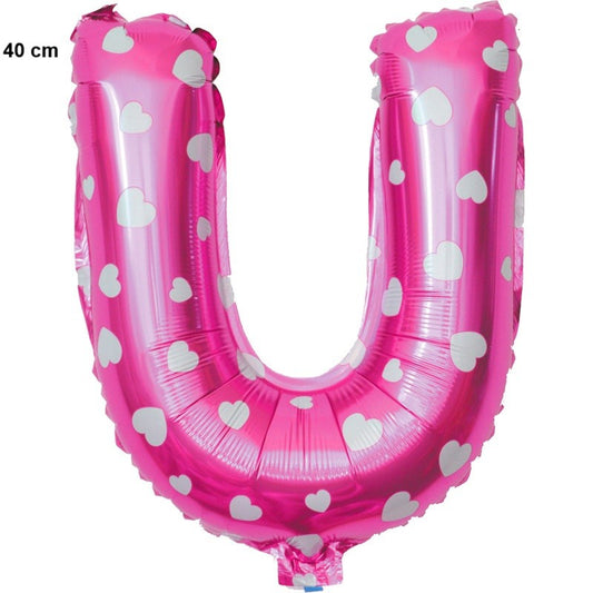 Balon Folie Metalizata Litera U, 40 cm, Cu Imprimeu Inimioare, Umflati cu Heliu sau Aer, Ambalaj Individual, Pai inclus, Roz