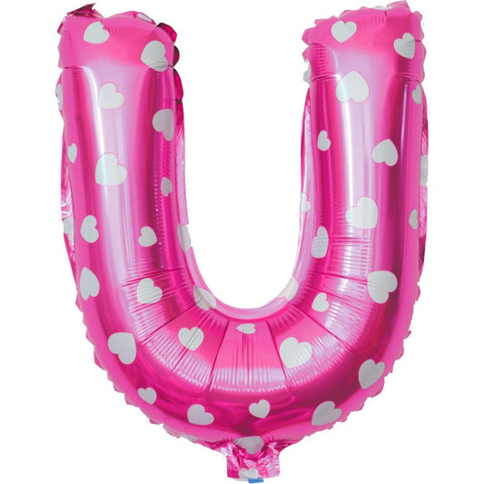 Balon Folie Metalizata Litera U, 40 cm, Cu Imprimeu Inimioare, Umflati cu Heliu sau Aer, Ambalaj Individual, Pai inclus, Roz