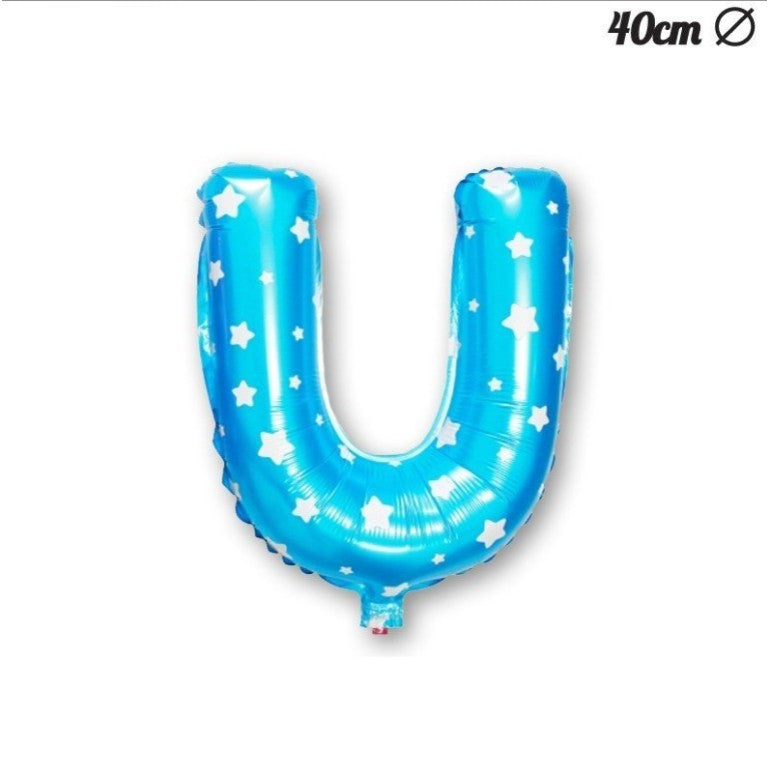 Balon Folie Metalizata Litera U, 40 cm, Cu Imprimeu Stelute, Umflati cu Heliu sau Aer, Ambalaj Individual, Pai inclus, Albastru