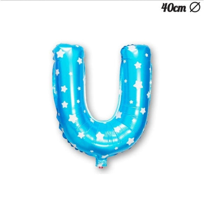 Balon Folie Metalizata Litera U, 40 cm, Cu Imprimeu Stelute, Umflati cu Heliu sau Aer, Ambalaj Individual, Pai inclus, Albastru