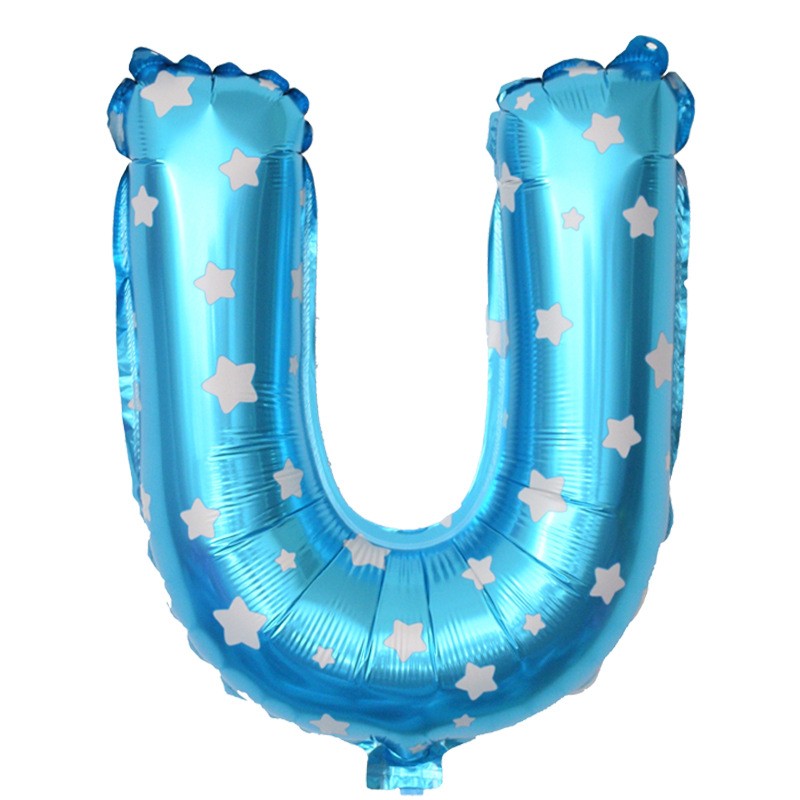 Balon Folie Metalizata Litera U, 40 cm, Cu Imprimeu Stelute, Umflati cu Heliu sau Aer, Ambalaj Individual, Pai inclus, Albastru