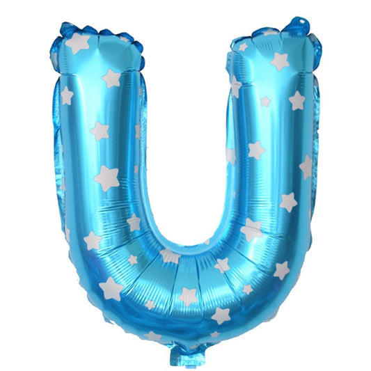 Balon Folie Metalizata Litera U, 40 cm, Cu Imprimeu Stelute, Umflati cu Heliu sau Aer, Ambalaj Individual, Pai inclus, Albastru