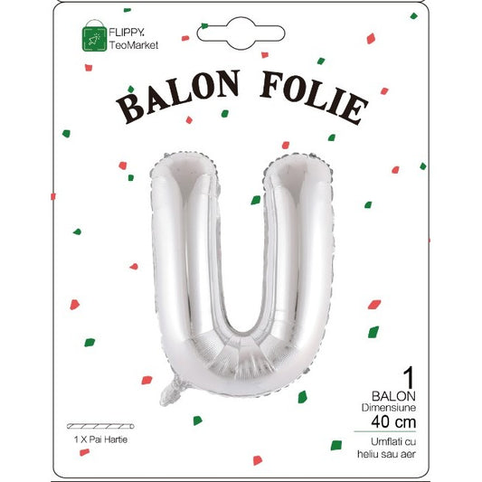 Balon Folie Metalizata Litera U, 40 cm, Umflati cu Heliu sau Aer, Ambalaj Individual, Pai inclus, Argintiu