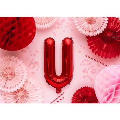 Balon Folie Metalizata Litera U, 40 cm, Umflati cu Heliu sau Aer, Ambalaj Individual, Pai inclus, Rosu