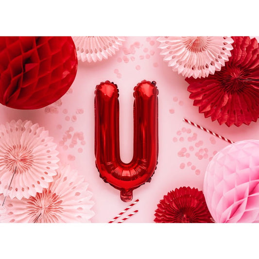Balon Folie Metalizata Litera U, 40 cm, Umflati cu Heliu sau Aer, Ambalaj Individual, Pai inclus, Rosu