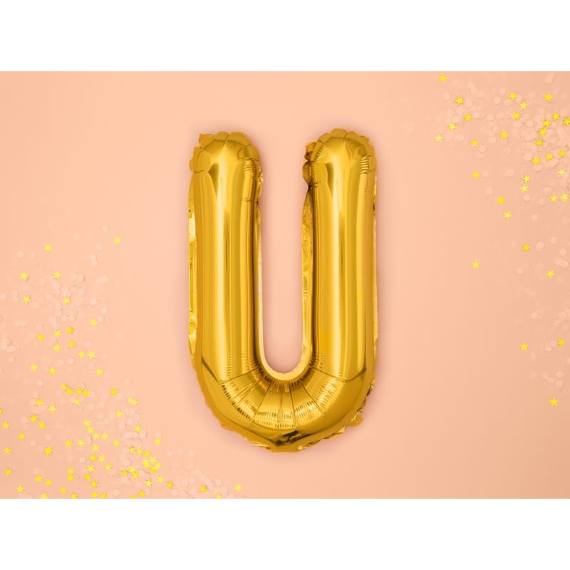 Balon Folie Metalizata Litera U, 40 cm, Umflati cu Heliu sau Aer, Ambalaj Individual, Pai inclus, Auriu