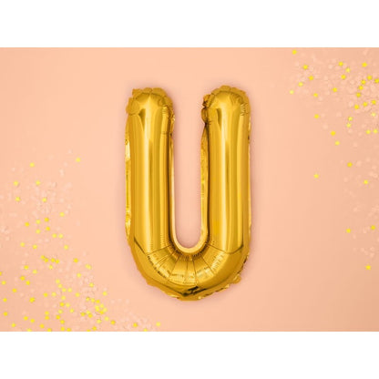 Balon Folie Metalizata Litera U, 40 cm, Umflati cu Heliu sau Aer, Ambalaj Individual, Pai inclus, Auriu