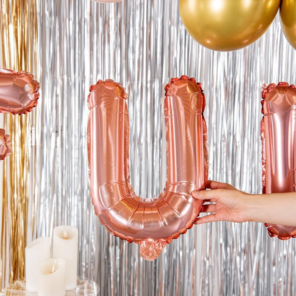 Balon Folie Metalizata Litera U, 40 cm, Umflati cu Heliu sau Aer, Ambalaj Individual, Pai inclus, Rose Gold