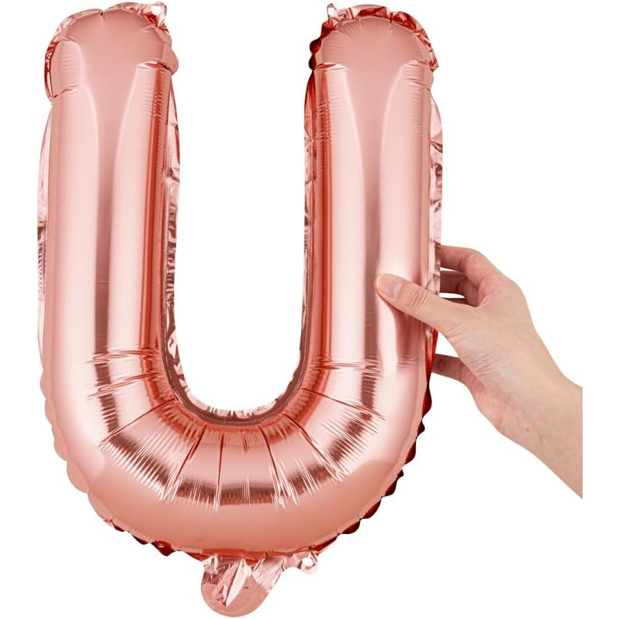 Balon Folie Metalizata Litera U, 40 cm, Umflati cu Heliu sau Aer, Ambalaj Individual, Pai inclus, Rose Gold