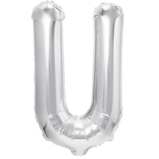 Balon Folie Metalizata Litera U, 40 cm, Umflati cu Heliu sau Aer, Ambalaj Individual, Pai inclus, Argintiu