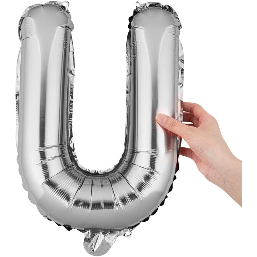Balon Folie Metalizata Litera U, 80 cm, Umflati cu Heliu sau Aer, Ambalaj Individual, Pai inclus, Argintiu