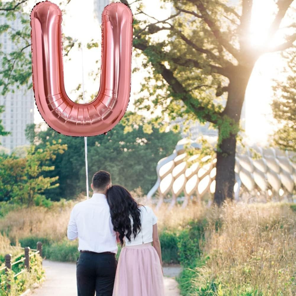 Balon Folie Metalizata Litera U, 80 cm, Umflati cu Heliu sau Aer, Ambalaj Individual, Pai inclus, Rose Gold