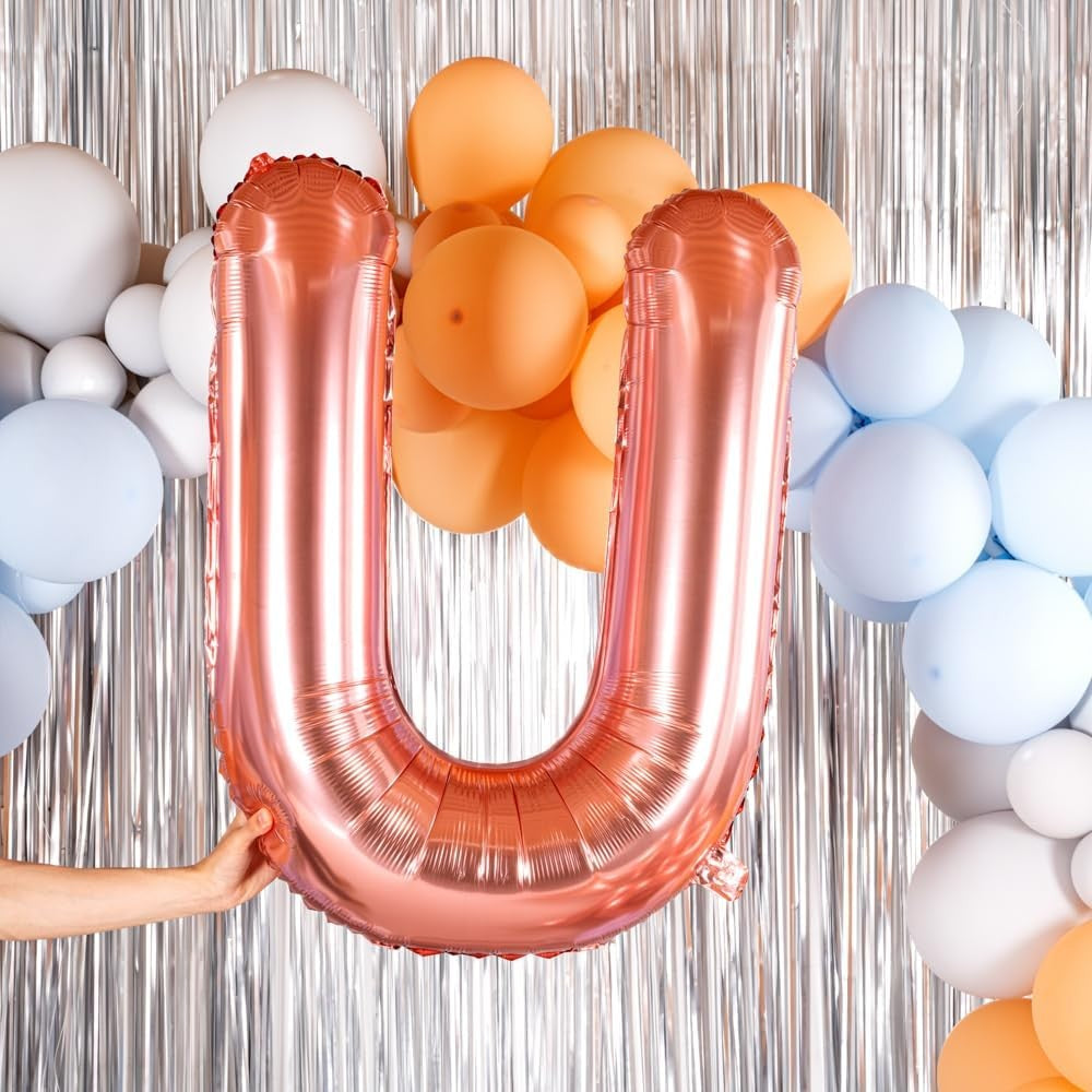 Balon Folie Metalizata Litera U, 80 cm, Umflati cu Heliu sau Aer, Ambalaj Individual, Pai inclus, Rose Gold