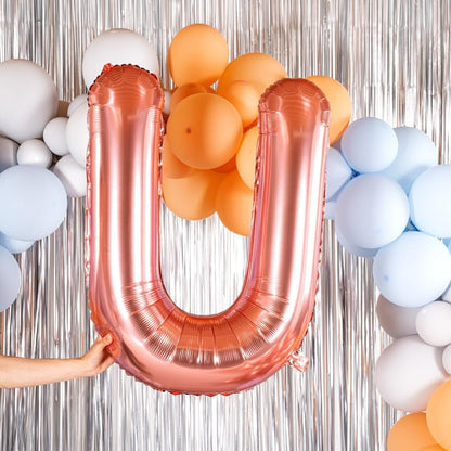 Balon Folie Metalizata Litera U, 80 cm, Umflati cu Heliu sau Aer, Ambalaj Individual, Pai inclus, Rose Gold