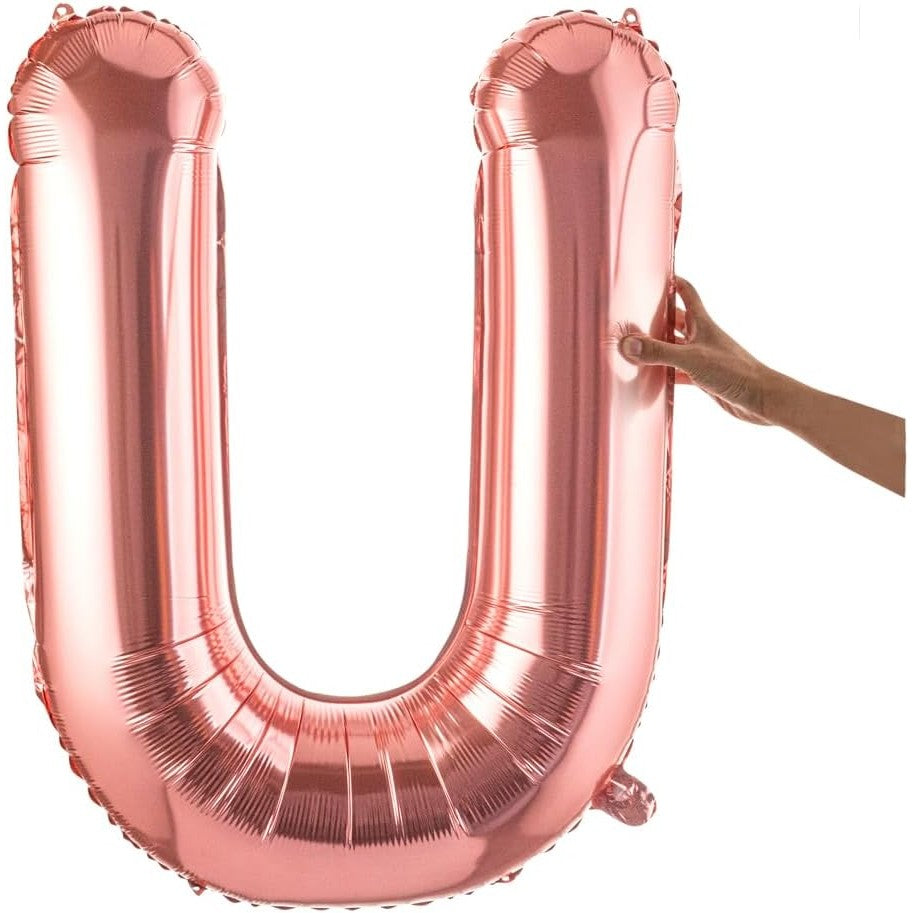 Balon Folie Metalizata Litera U, 80 cm, Umflati cu Heliu sau Aer, Ambalaj Individual, Pai inclus, Rose Gold