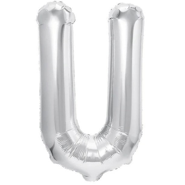 Balon Folie Metalizata Litera U, 80 cm, Umflati cu Heliu sau Aer, Ambalaj Individual, Pai inclus, Argintiu
