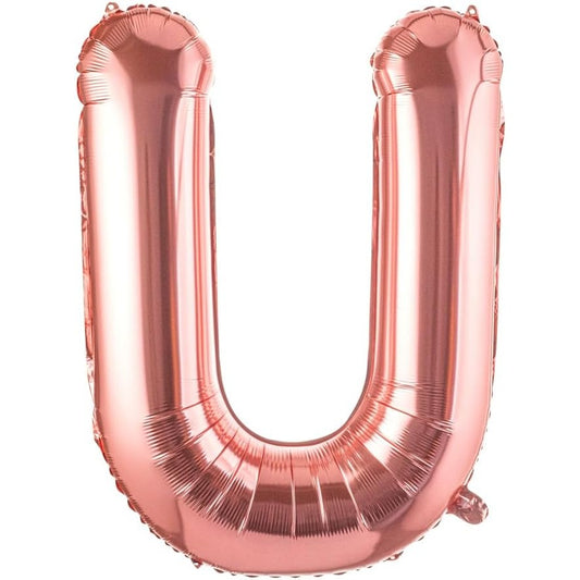 Balon Folie Metalizata Litera U, 80 cm, Umflati cu Heliu sau Aer, Ambalaj Individual, Pai inclus, Rose Gold