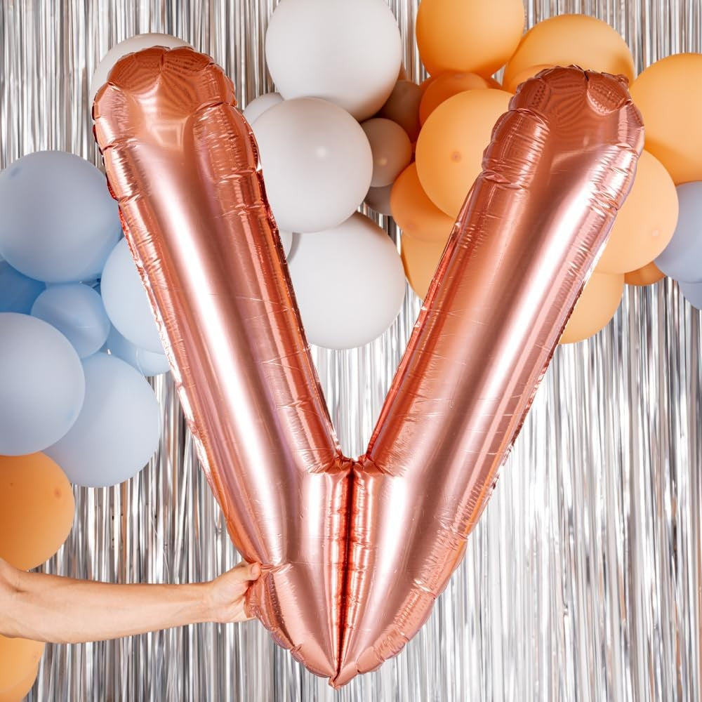 Balon Folie Metalizata Litera V, 100 cm, Umflati cu Heliu sau Aer, Ambalaj Individual, Pai inclus, Rose Gold