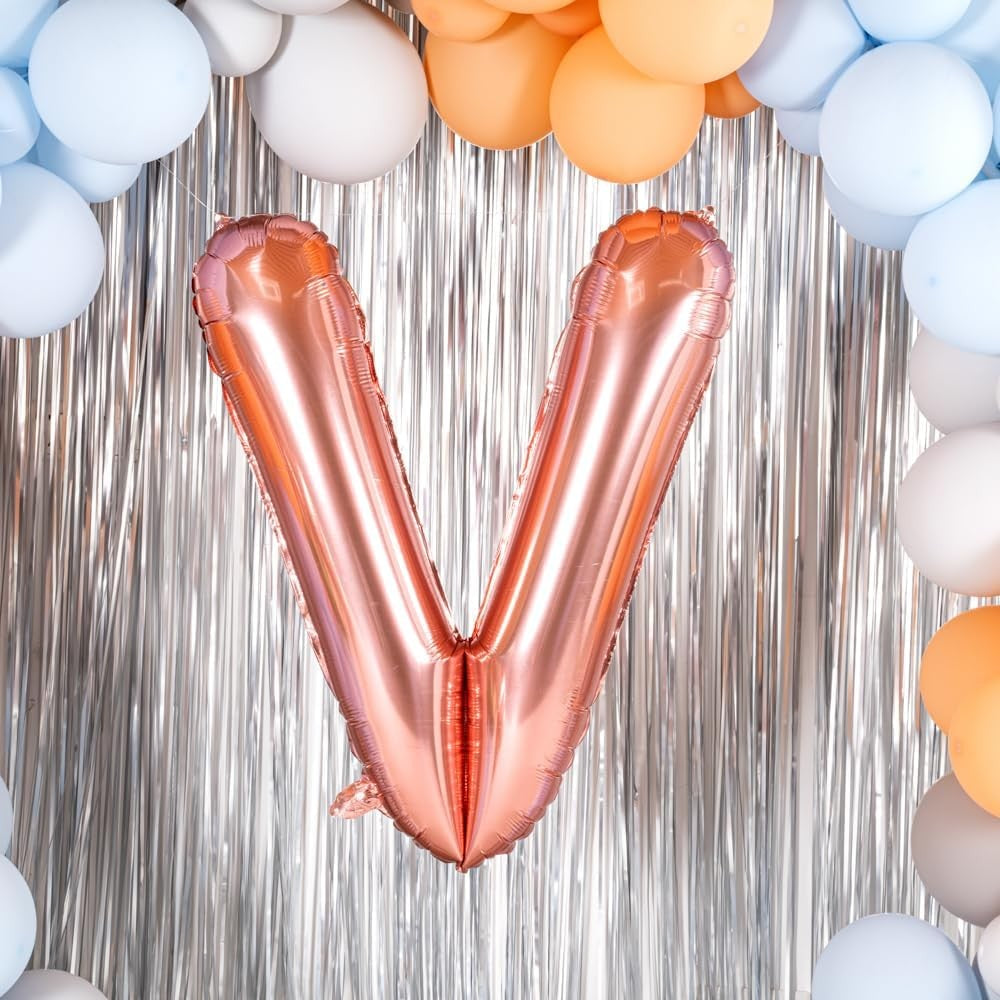 Balon Folie Metalizata Litera V, 100 cm, Umflati cu Heliu sau Aer, Ambalaj Individual, Pai inclus, Rose Gold