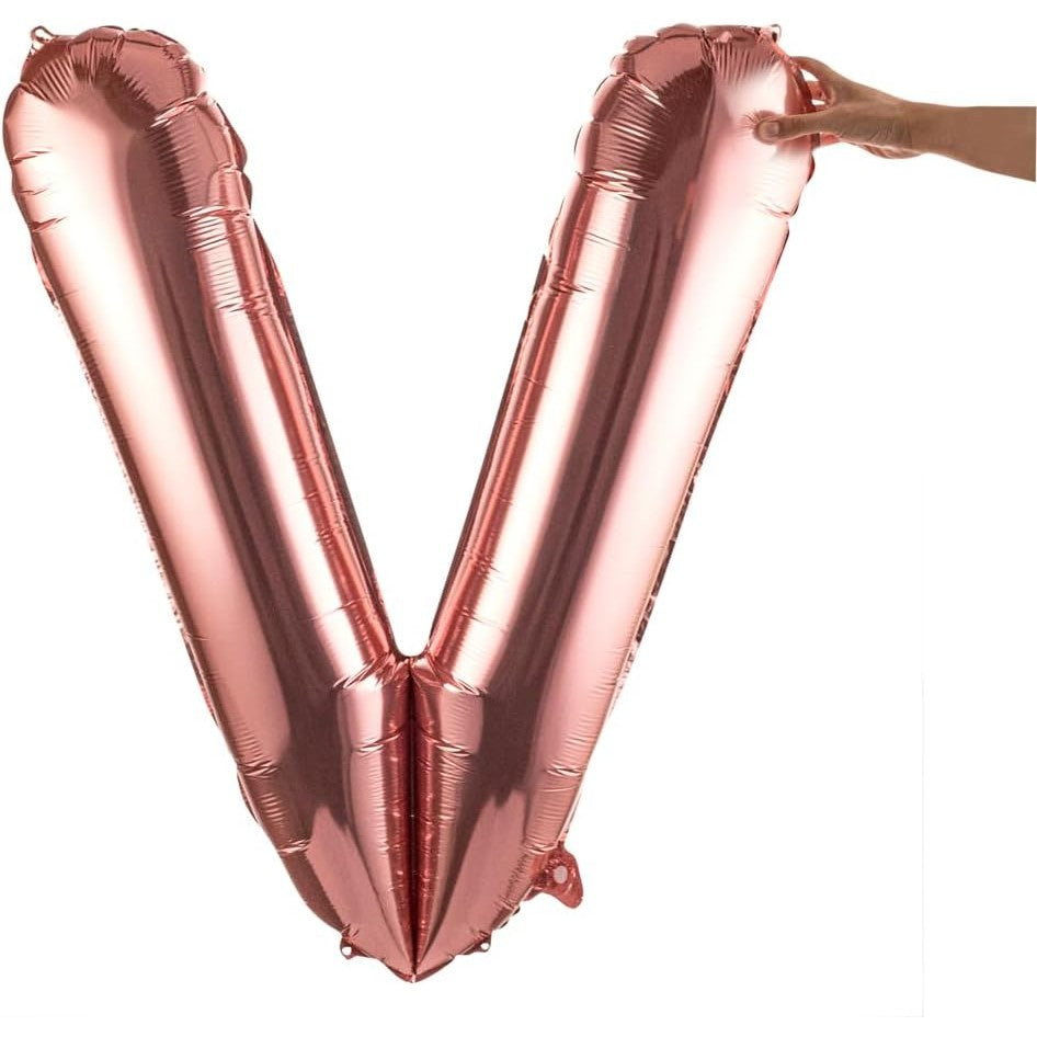 Balon Folie Metalizata Litera V, 100 cm, Umflati cu Heliu sau Aer, Ambalaj Individual, Pai inclus, Rose Gold