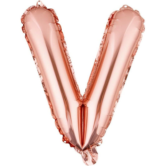 Balon Folie Metalizata Litera V, 100 cm, Umflati cu Heliu sau Aer, Ambalaj Individual, Pai inclus, Rose Gold