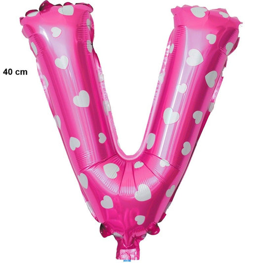 Balon Folie Metalizata Litera V, 40 cm, Cu Imprimeu Inimioare, Umflati cu Heliu sau Aer, Ambalaj Individual, Pai inclus, Roz