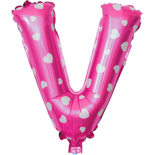 Balon Folie Metalizata Litera V, 40 cm, Cu Imprimeu Inimioare, Umflati cu Heliu sau Aer, Ambalaj Individual, Pai inclus, Roz