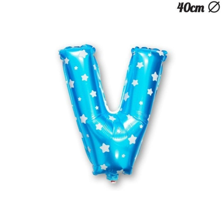 Balon Folie Metalizata Litera V, 40 cm, Cu Imprimeu Stelute, Umflati cu Heliu sau Aer, Ambalaj Individual, Pai inclus, Albastru